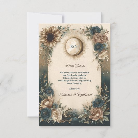 Celestial Sun Moon Boho Floral Rustic Wedding Bedankkaart (Voorkant)