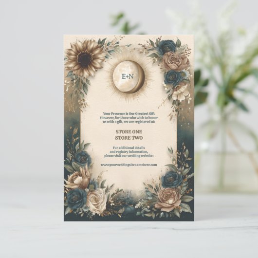 Celestial Sun Moon Boho Floral Rustic Wedding Informatiekaartje (Staand voorkant)
