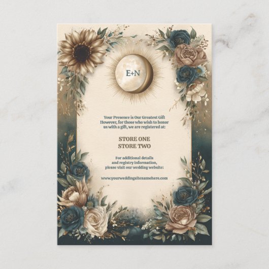 Celestial Sun Moon Boho Floral Rustic Wedding Informatiekaartje (Voorkant)