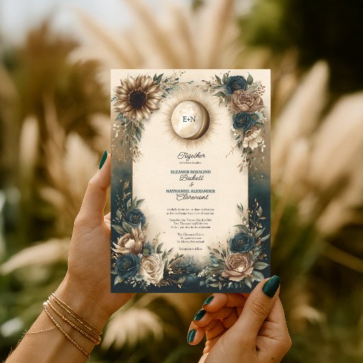 Celestial Sun Moon Boho Floral Rustic Wedding Kaart