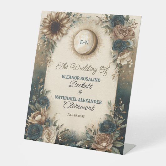 Celestial Sun Moon Boho Floral Rustic Wedding Reclamebord Met Voetstuk (Voorkant)