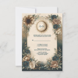 Celestial Sun Moon Boho Floral Rustic Wedding RSVP Kaartje