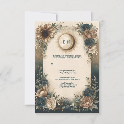 Celestial Sun Moon Boho Floral Rustic Wedding RSVP Kaartje (Voorkant)