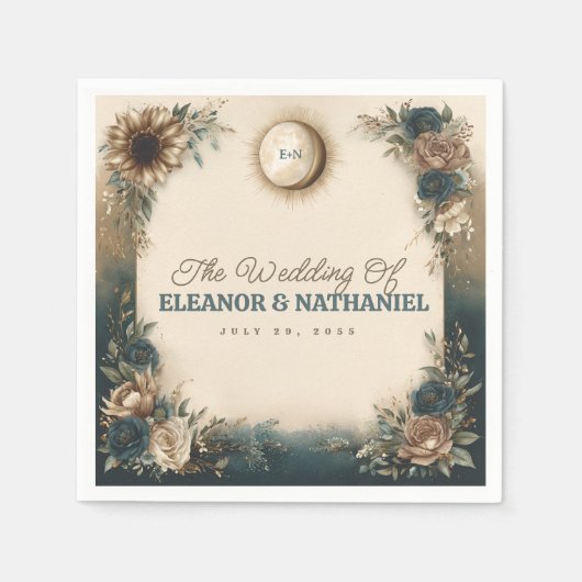 Celestial Sun Moon Boho Floral Rustic Wedding Servet (Voorkant)