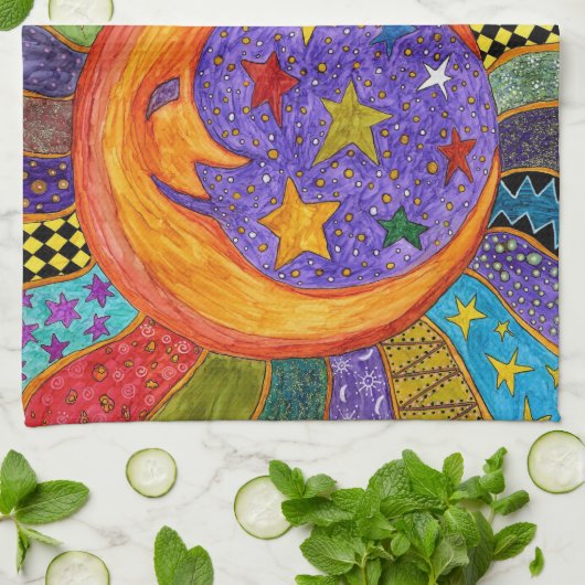 Celestial Sun, Moon en Stars Kitchen Towel Theedoek (Gevouwen)