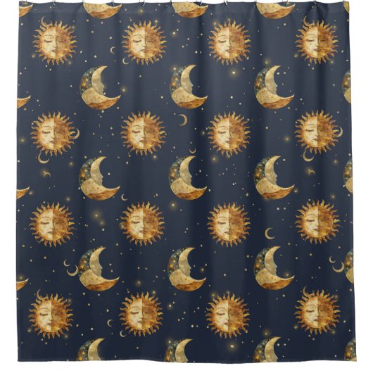 Celestial Sun & Moon Gold Starry Night Pattern (1) Douchegordijn (Voorkant)