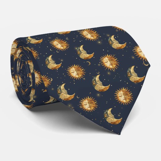 Celestial Sun & Moon Gold Starry Night Pattern (1) Stropdas (Opgerold)