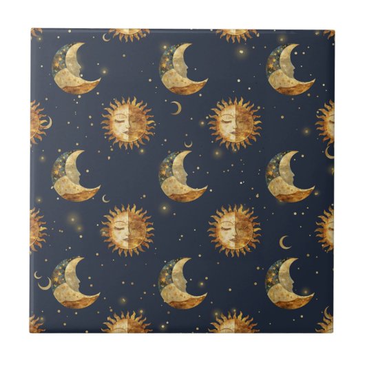 Celestial Sun & Moon Gold Starry Night Pattern (1) Tegeltje (Voorkant)