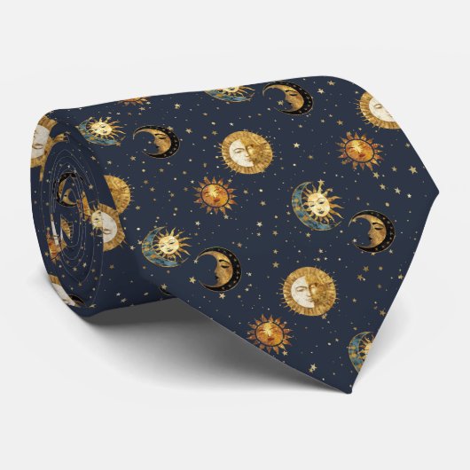 Celestial Sun & Moon Gold Starry Night Pattern (2) Stropdas (Opgerold)