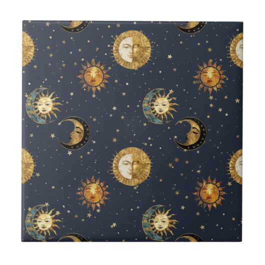 Celestial Sun & Moon Gold Starry Night Pattern (2) Tegeltje (Voorkant)
