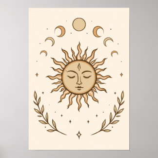 Celestial Sun Moon Phases Mystical Botanical Art Poster