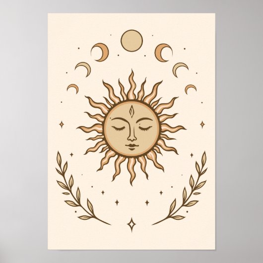 Celestial Sun Moon Phases Mystical Botanical Art Poster (Voorkant)