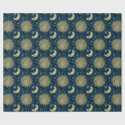Celestial Sun Moon Stars Blue Gold Tarot Cadeaupapier (Vlak)