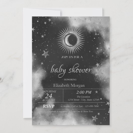 Celestial Sun, Moon, Stars Grey Baby shower Kaart (Voorkant)