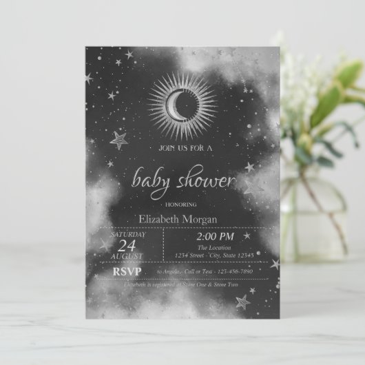 Celestial Sun, Moon, Stars Grey Baby shower Kaart (Staand voorkant)