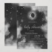 Celestial Sun, Moon, Stars Grey Baby shower Kaart (Voorkant / Achterkant)