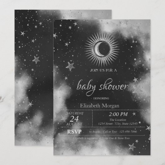 Celestial Sun, Moon, Stars Grey Baby shower Kaart (Voorkant / Achterkant)