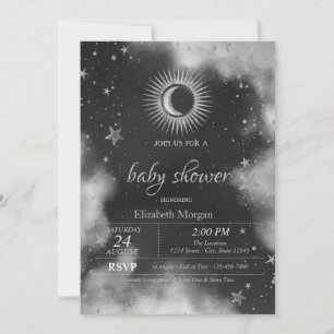 Celestial Sun, Moon, Stars Grey Baby shower Kaart