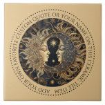 Celestial Sun Moon Stars Midnight Sky gepersonalis Tegeltje<br><div class="desc">Een elegante oude etherische zon maansterren tegel die kan worden aangepast met uw eigen favoriete quote of jouw naam. U kunt deze gebruiken voor home decor backsplash,  als onderzetters of als decoratieve tegel. Zandkleurige achtergrond. U kunt uw favoriete offerte of jouw namen toevoegen.</div>