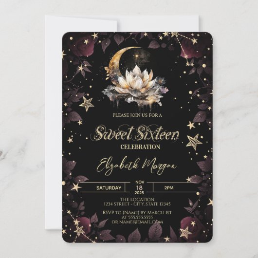 Celestial Sun,Moon,Stars Roses Sweet 16 Kaart (Voorkant)