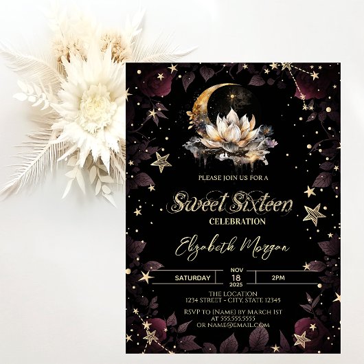 Celestial Sun,Moon,Stars Roses Sweet 16 Kaart