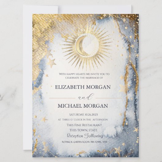 Celestial Sun, Moon, Stars Waterverf Wedding Kaart (Voorkant)