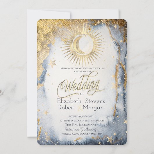 Celestial Sun, Moon, Stars Waterverf Wedding Kaart (Voorkant)
