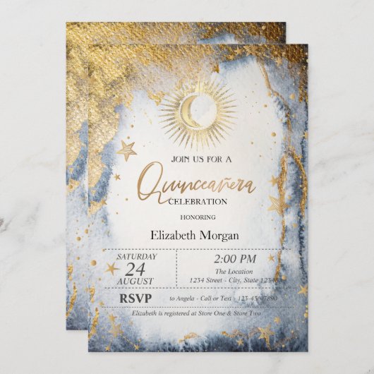 Celestial Sun, Moon, Sterren Waterverf Quinceanera Kaart (Voorkant / Achterkant)