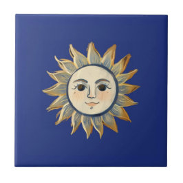 Celestial Sun with Face Gold and Dark Blue Tegeltje