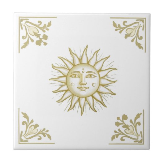 Celestial Sun with Face Gold and White Delft style Tegeltje (Voorkant)