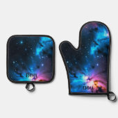 Celestial Swirls of Stars Aangepaste naam Ovenwant & Pannenlap Set (Voorkant)