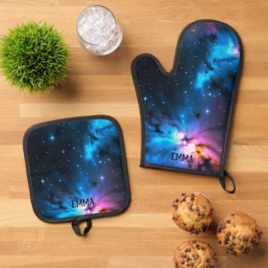 Celestial Swirls of Stars Aangepaste naam Ovenwant & Pannenlap Set (Top down)