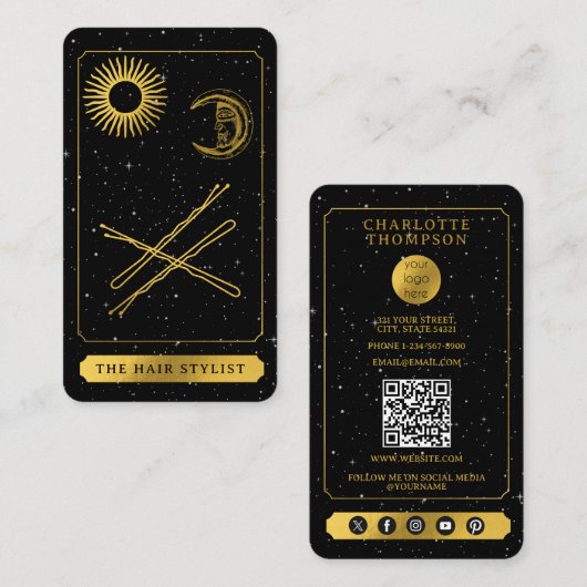 Celestial Tarot Logo kapper Hair Pins Gold Visitekaartje (Voorkant / Achterkant)