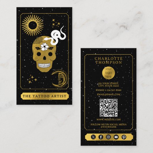 Celestial Tarot Logo Tattoo Artist Black Gold  Visitekaartje (Voorkant / Achterkant)