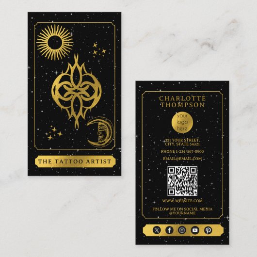 Celestial Tarot Logo Tattoo Artist Black Gold  Visitekaartje (Voorkant / Achterkant)