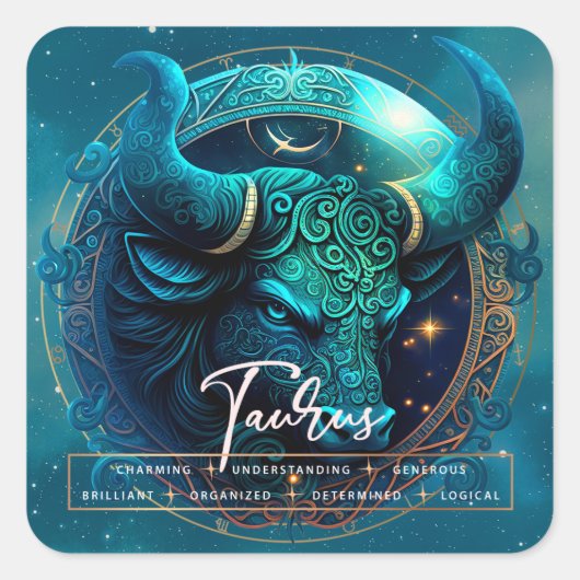 Celestial Taurus Bull Fantasy Etherische Ster Zodi Vierkante Sticker (Voorkant)