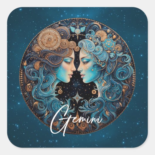 Celestial Twins Zodiac Symbool Zwart Goud Tweeling Vierkante Sticker (Voorkant)