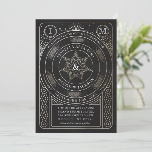 Celestial Union bruiloft uitnodigingen (goud) (Staand voorkant)