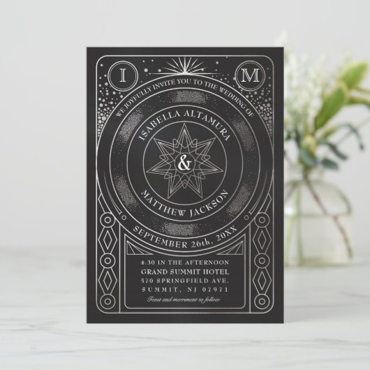 Celestial Union bruiloft uitnodigingen (zilver) (Staand voorkant)