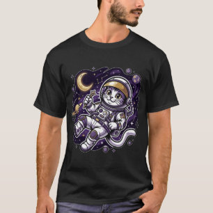 Celestial Voyager: Paarse Ruimtereiziger Kat Ruimt T-shirt