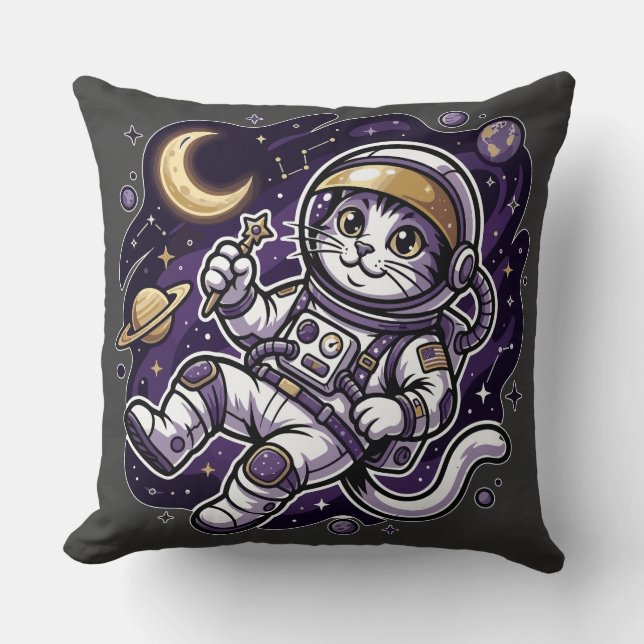 Celestial Voyager: Purple Astronaut Cat Space Masc Kussen (Voorkant)