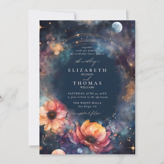 Celestial Waters Moon Stars Floral Elegant Wedding Kaart (Voorkant)