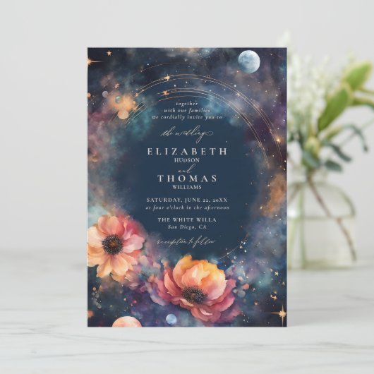 Celestial Waters Moon Stars Floral Elegant Wedding Kaart (Staand voorkant)