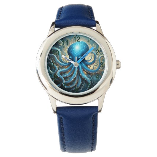 Celestial Waves: Blue Octopus Fractal Art,  Horloge (Voorkant)