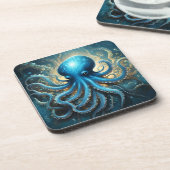 Celestial Waves: De Blauwe Octopus Fractal Art Bier Onderzetter (Linkerzijde)