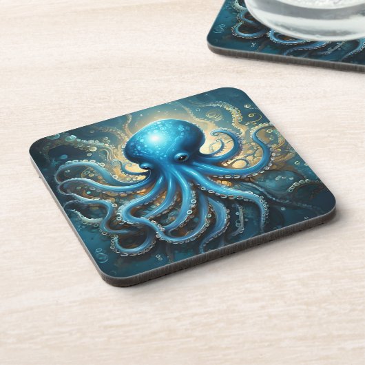Celestial Waves: De Blauwe Octopus Fractal Art Bier Onderzetter (Linkerzijde)