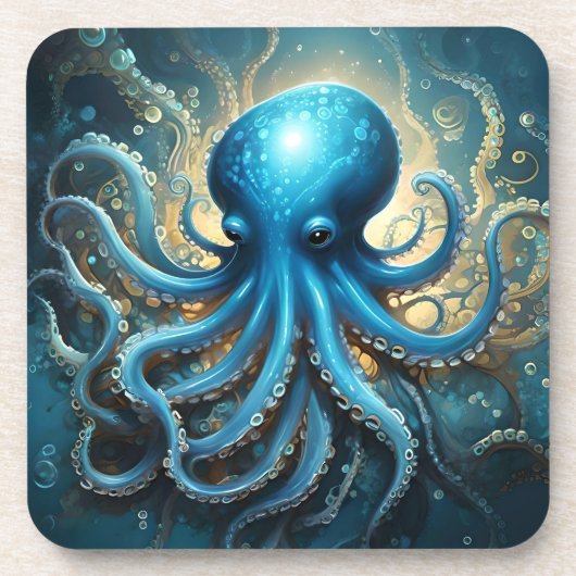 Celestial Waves: De Blauwe Octopus Fractal Art Bier Onderzetter (Voorkant)