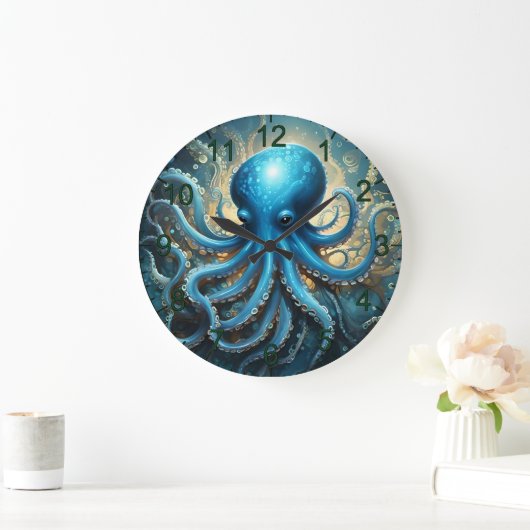 Celestial Waves: De Blauwe Octopus Fractal Art Grote Klok (Huis)