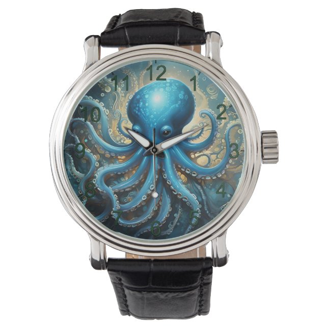 Celestial Waves: De Blauwe Octopus Fractal Art Horloge (Voorkant)
