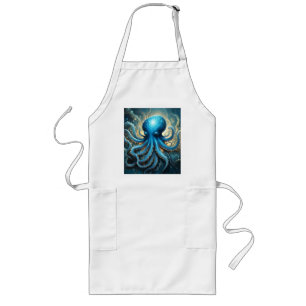 Celestial Waves: De Blauwe Octopus Fractal Art Lang Schort